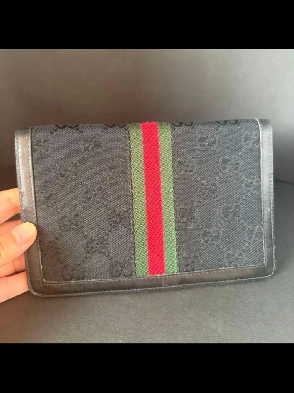 Gucci Black Canvas Clutch with Green and Red Web Stripe